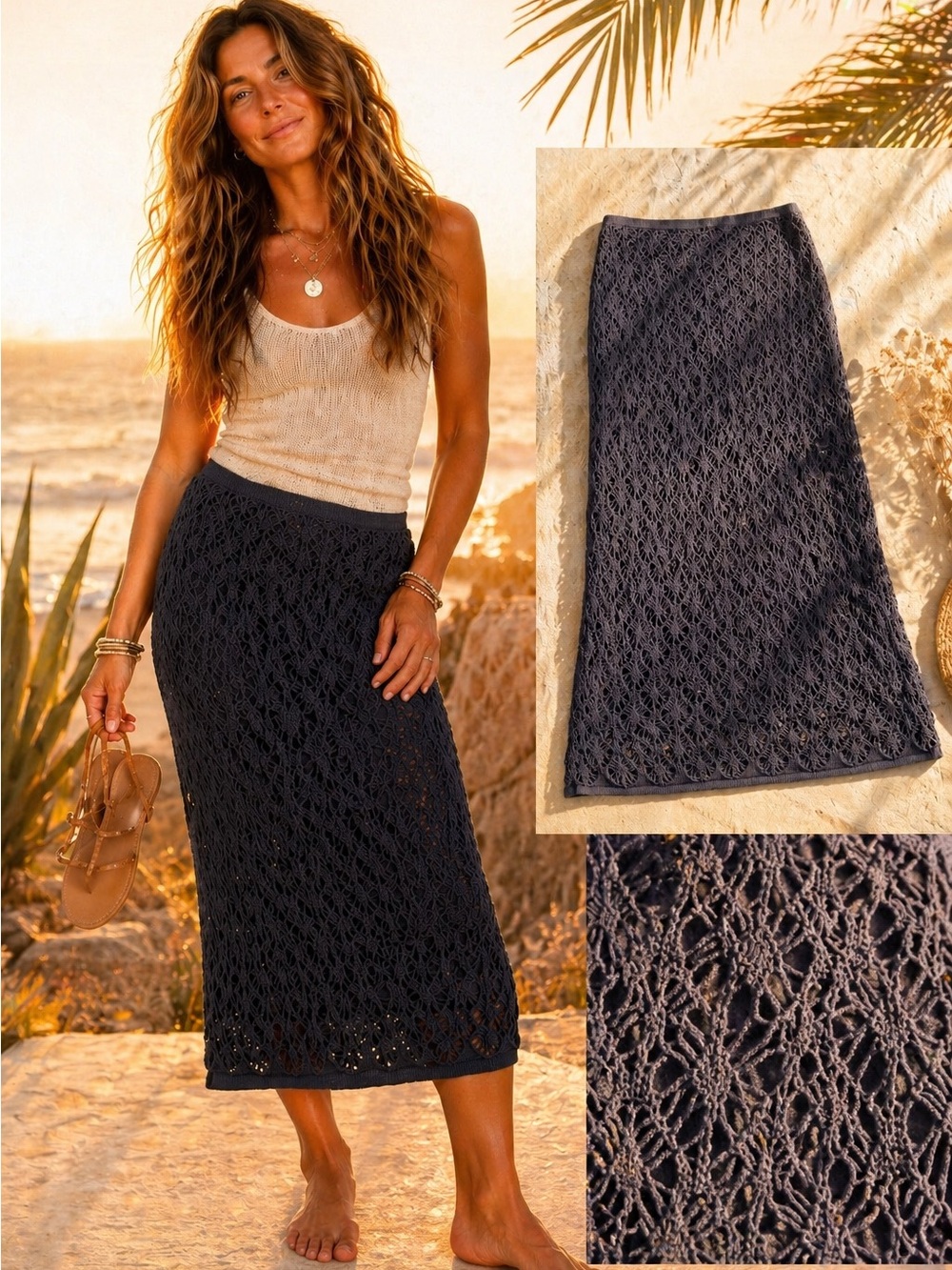 Boho Crochet Midi Skirt Cynthia Reed Silk Blend Brown Earthy Festival Size S